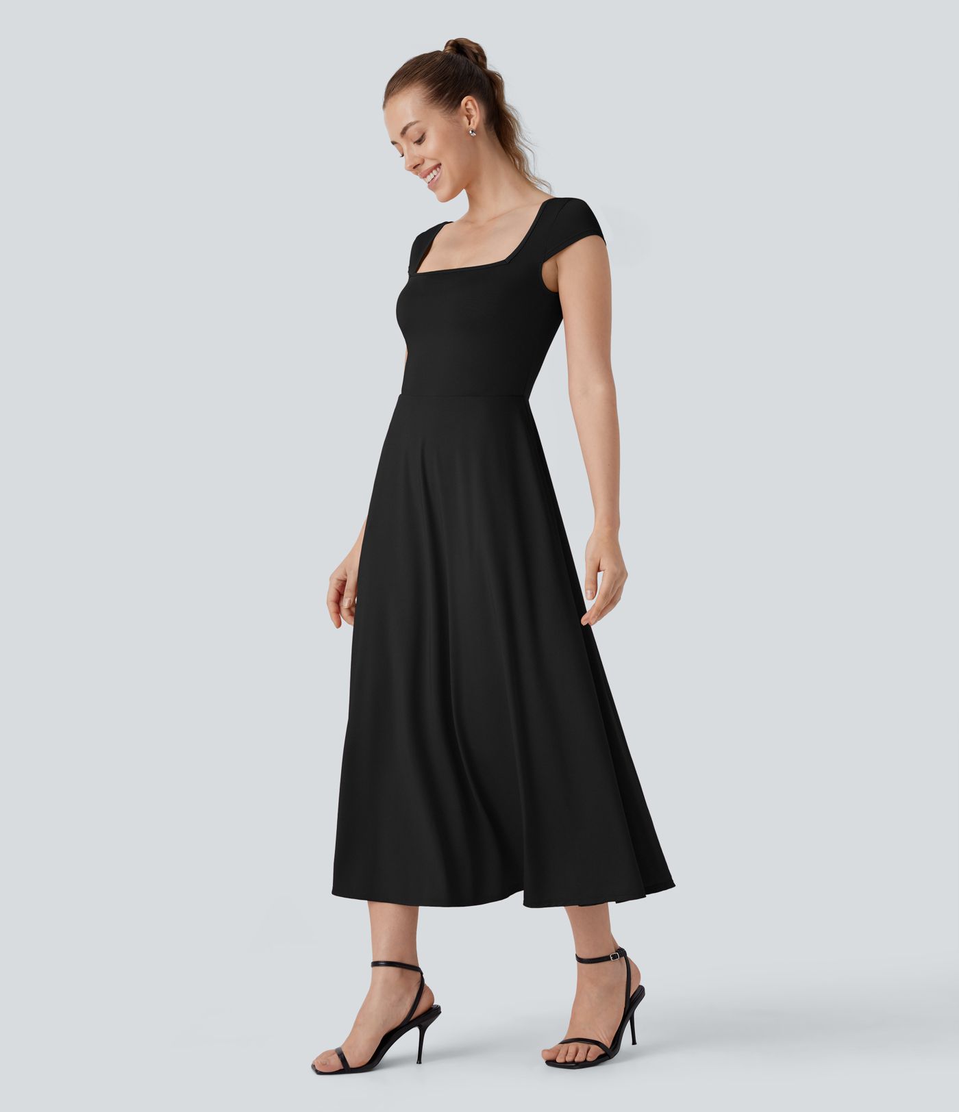 Square Neck Short Sleeve Pocket Flowy Midi Casual Dress