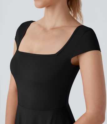 Square Neck Short Sleeve Pocket Flowy Midi Casual Dress