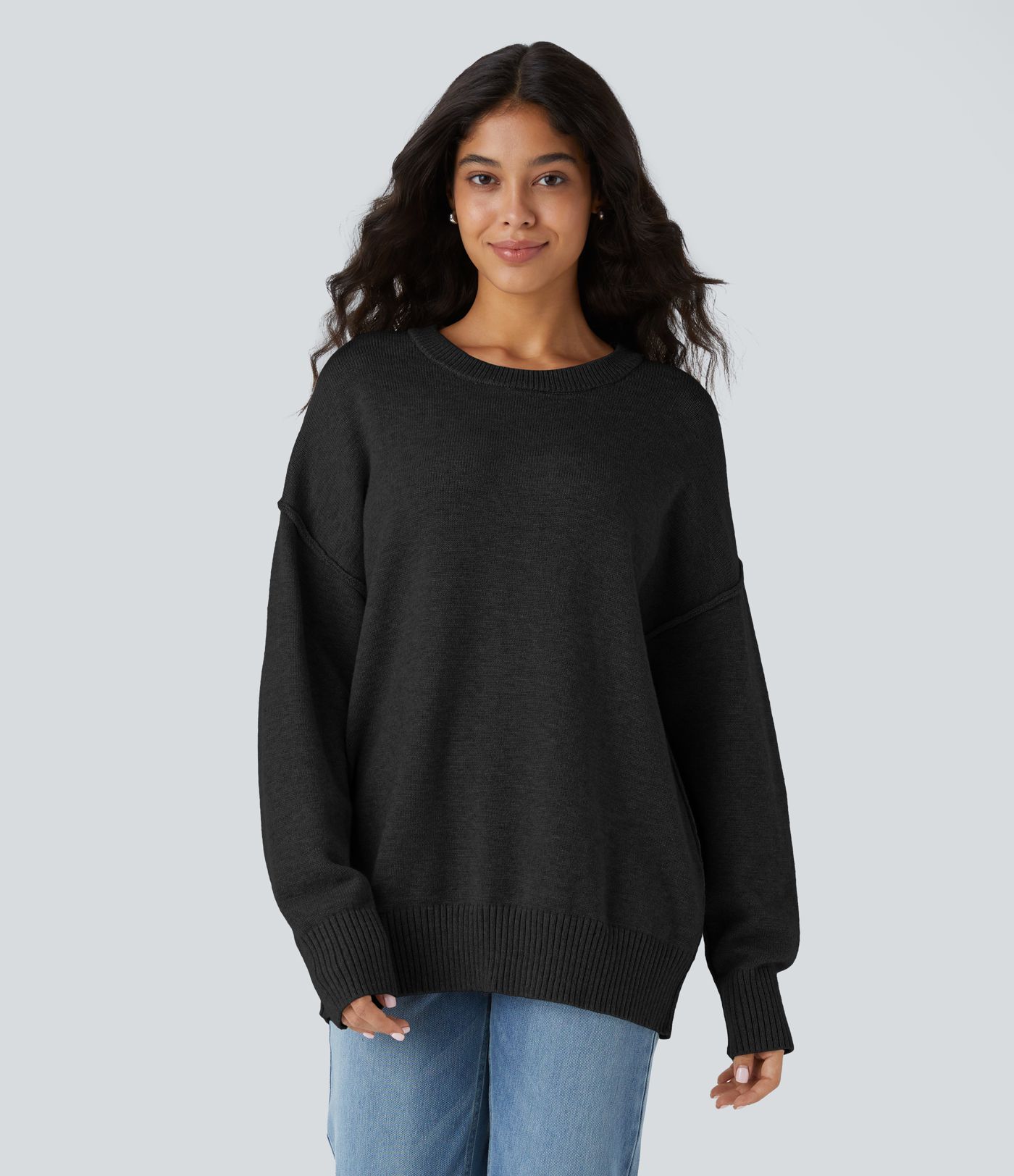 Round Neck Dropped Shoulder Long Sleeve Casual Jumper