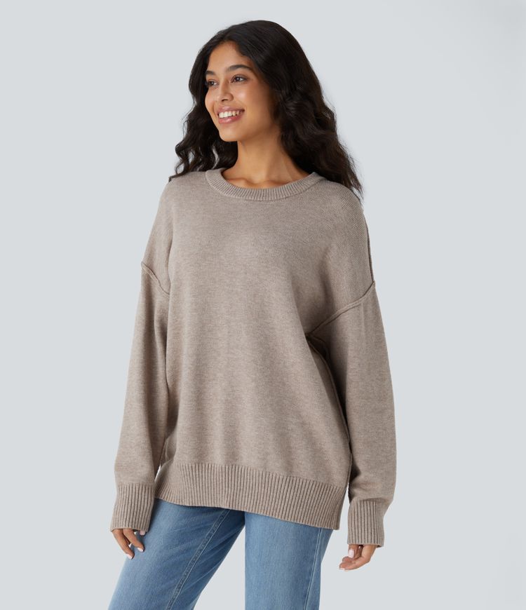Round Neck Dropped Shoulder Long Sleeve Casual Sweater