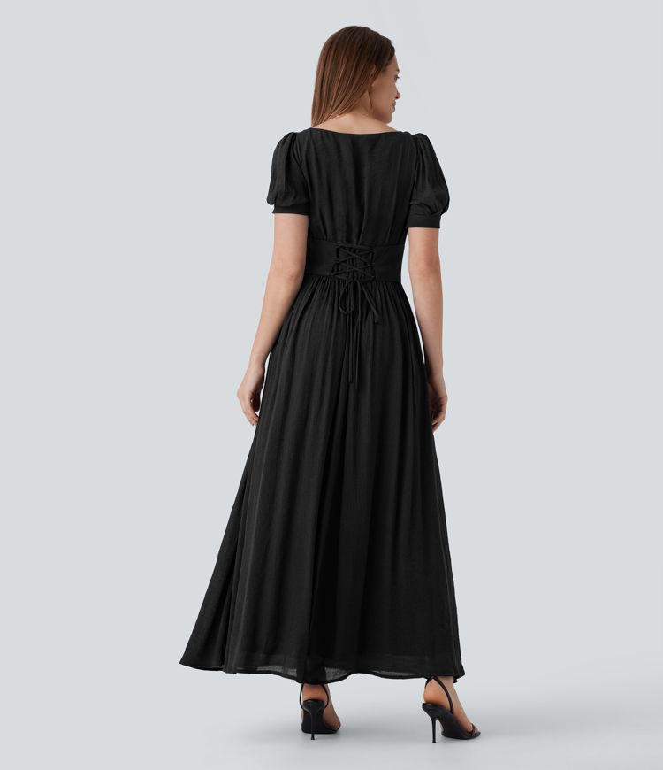 Robe longue de villégiature fluide à col carré, manches bouffantes, laçage et taille cintrée