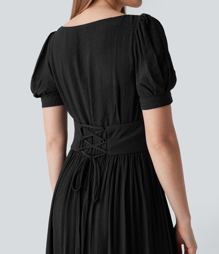 Robe longue de villégiature fluide à col carré, manches bouffantes, laçage et taille cintrée