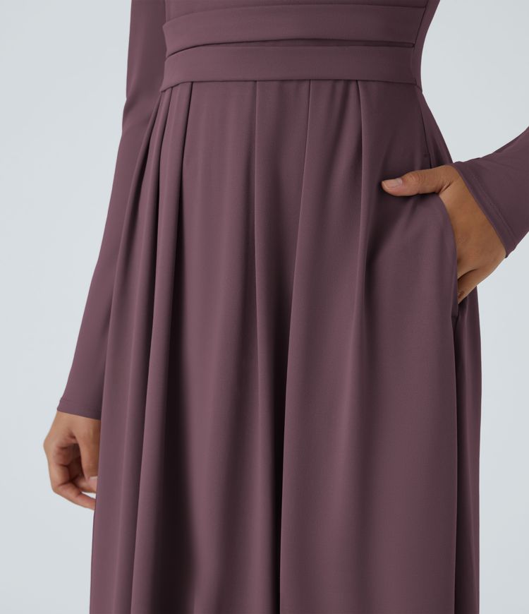 Mock-neck Long Sleeve Pocket Flare Maxi Casual Dress