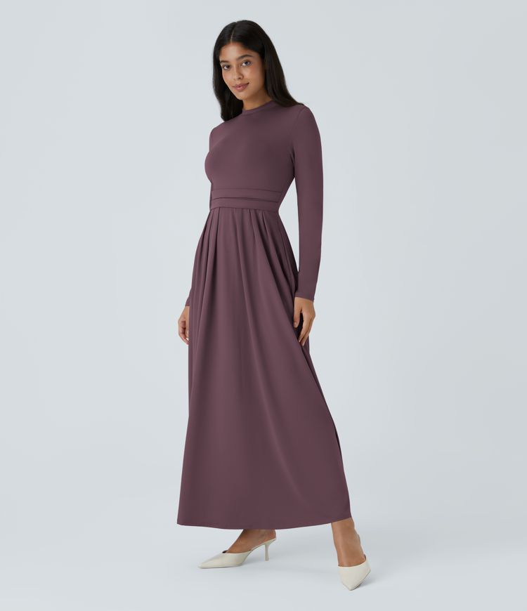 Stand Collar Long Sleeve Plicated Side Pocket Flare Maxi Casual Dress