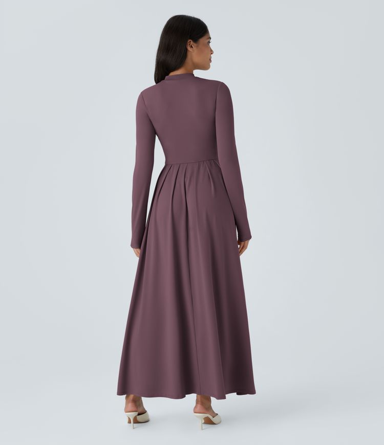 Stand Collar Long Sleeve Plicated Side Pocket Flare Maxi Casual Dress