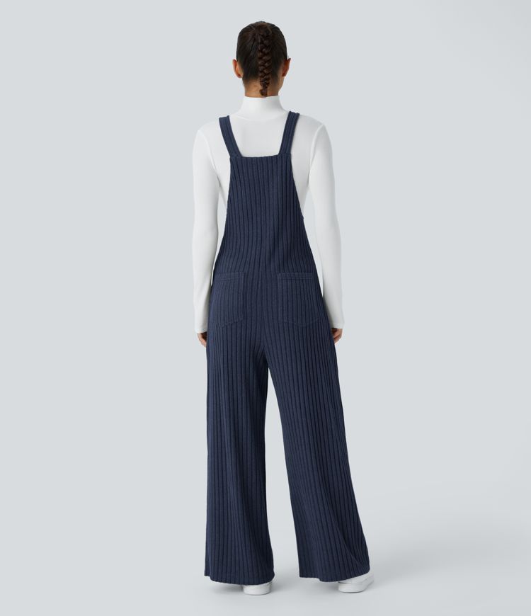 Ribbed Knit Adjustable Strap Button Multiple Pockets Casual Overalls