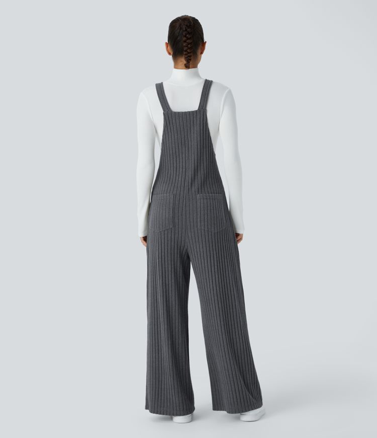 Ribbed Knit Adjustable Strap Button Multiple Pockets Casual Overalls