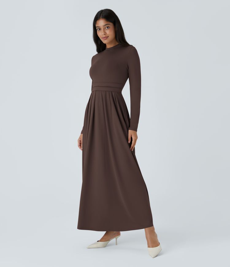 Robe longue décontractée à col montant, manches longues, plissée, avec poches latérales et coupe évasée