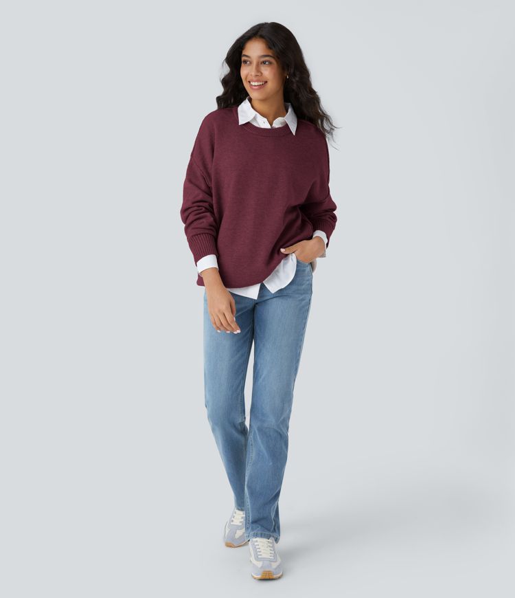 Pull décontracté à col rond, épaules tombantes et manches longues