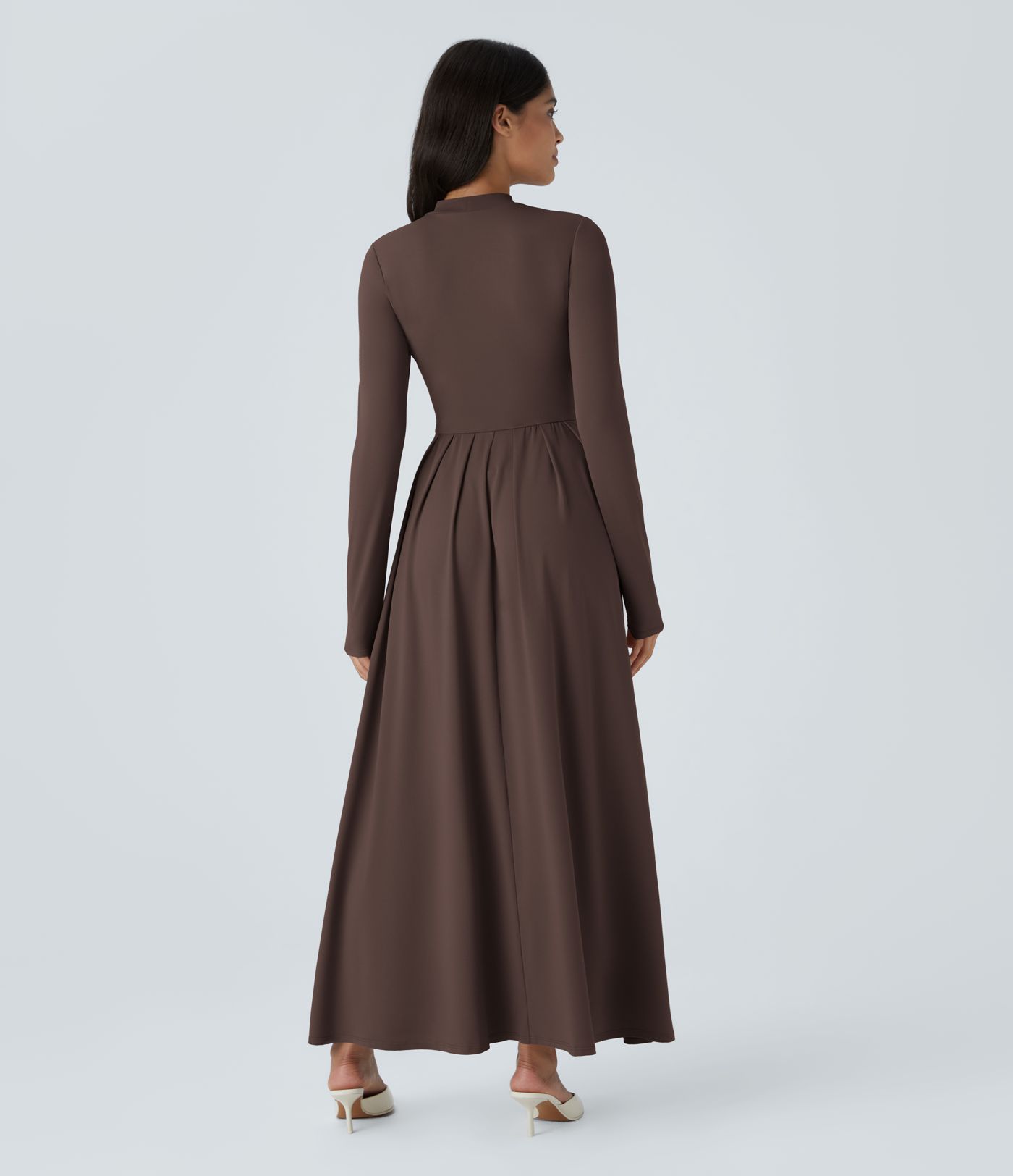 Mock-neck Long Sleeve Pocket Flare Maxi Casual Dress