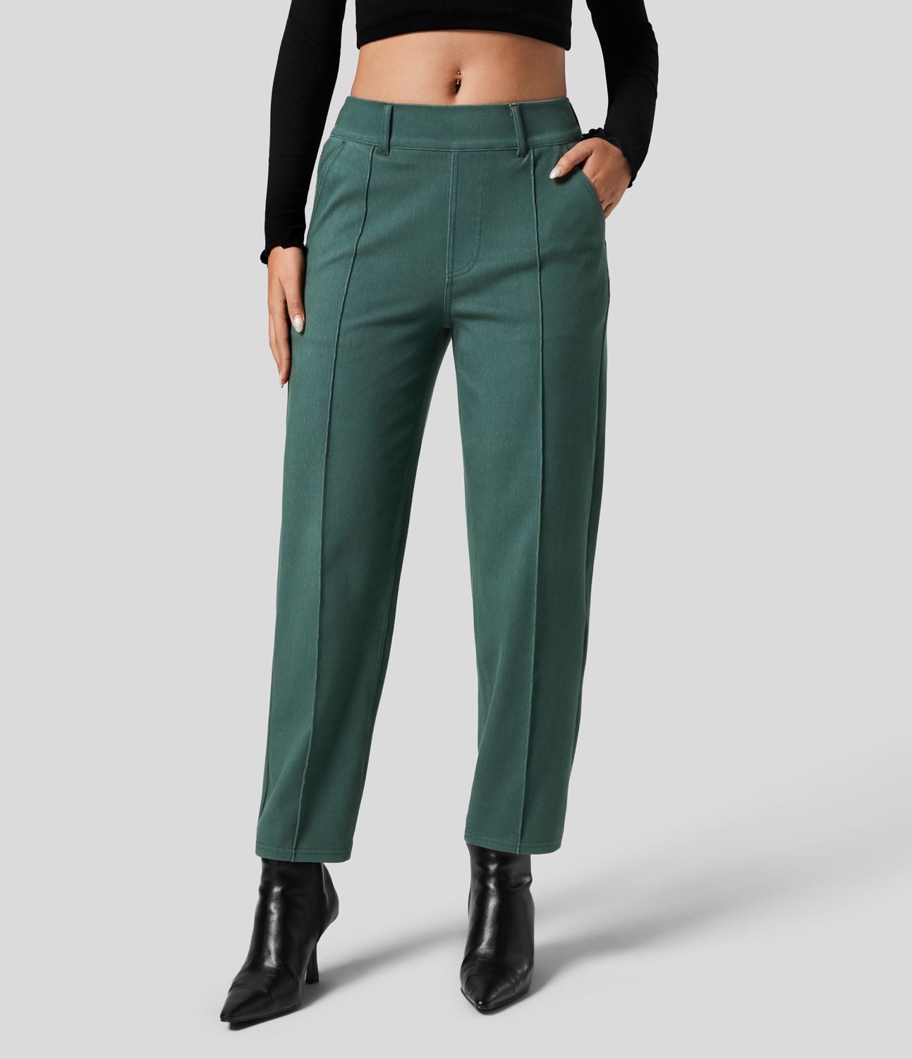 Halara Flex™ Jean Casual Tapered en Tricot Extensible Coloré avec Taille Haute et Poches Latérales
