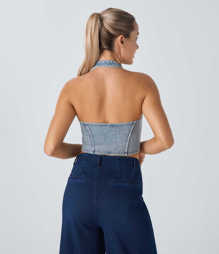 Halara Flex™ Halter Neck Backless Stretch Knit Denim Crop Casual Tank Top