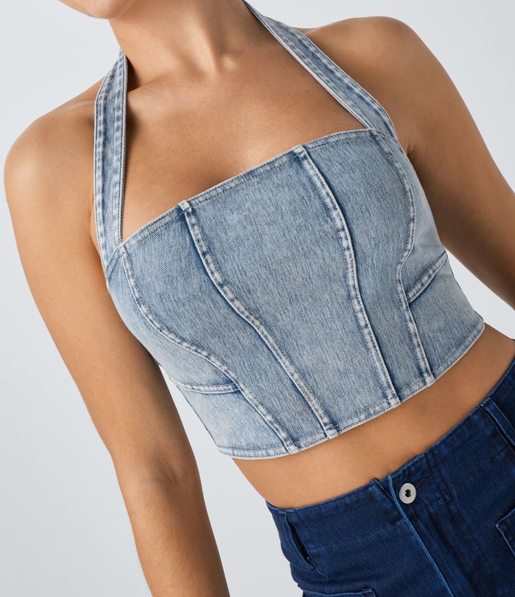 Halara Flex™ Halter Neck Backless Stretch Knit Denim Crop Casual Tank Top
