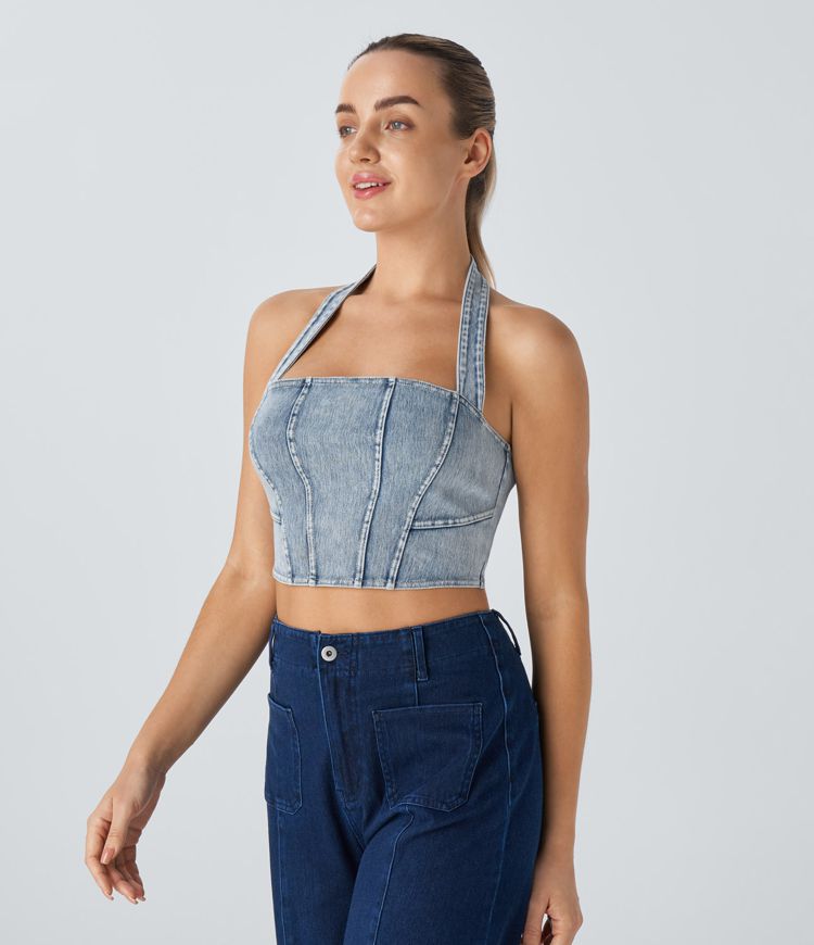 Halara Flex™ Halter Neck Backless Stretch Knit Denim Crop Casual Tank Top