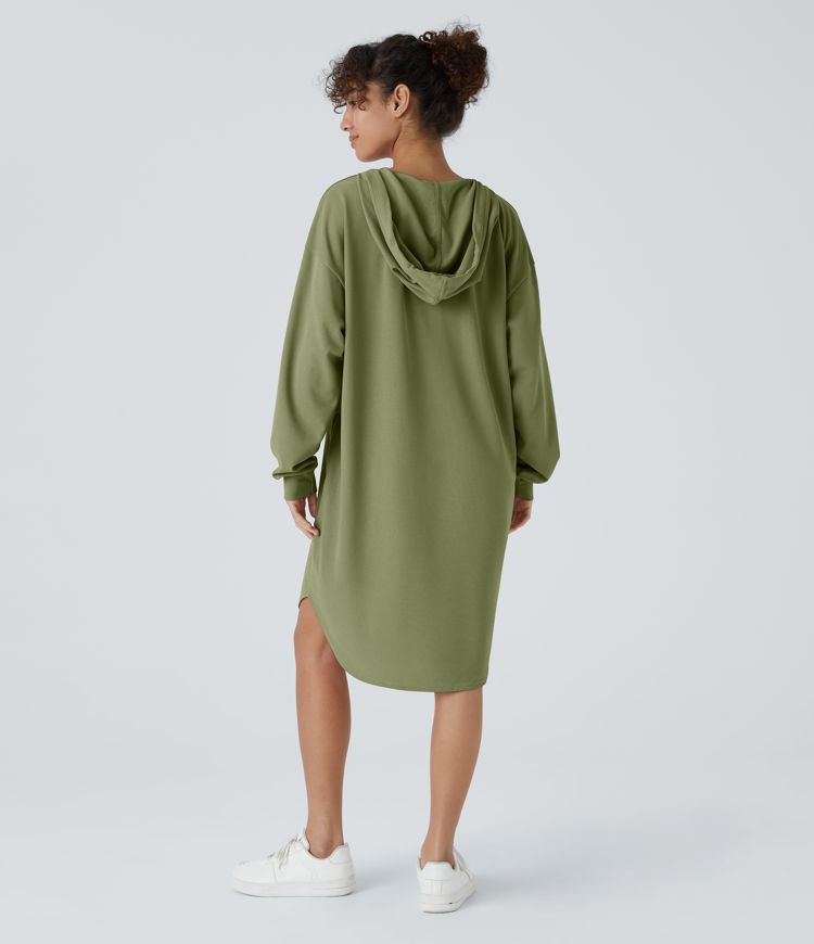 Drawstring Hooded Long Sleeve Side Pocket High Low Curved Hem Oversize Mini Waffle Casual Sweatshirt Dress