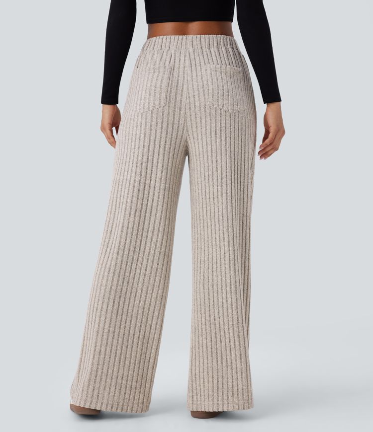 Ribbed Knit High Waisted Multiple Pockets Wide Leg Casual Pants