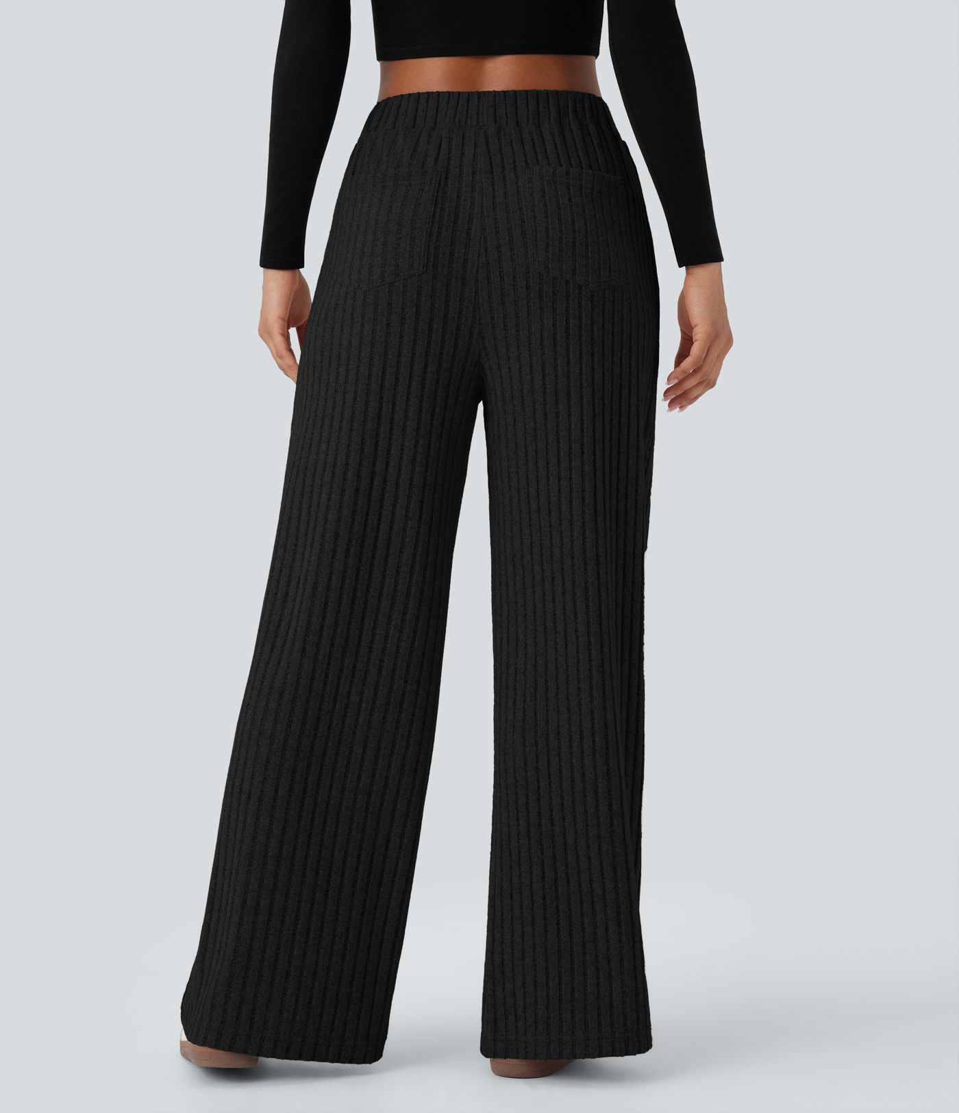 Ribbed Knit High Waisted Pockets Wide Leg Casual Pants