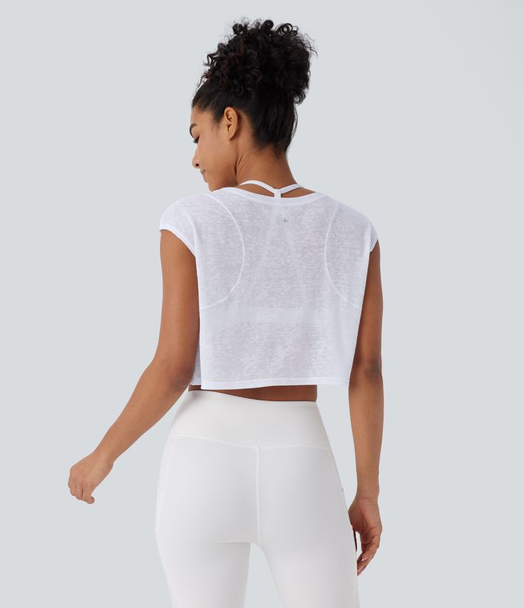 Round Neck Cap Sleeve Cropped Yoga Sports Top