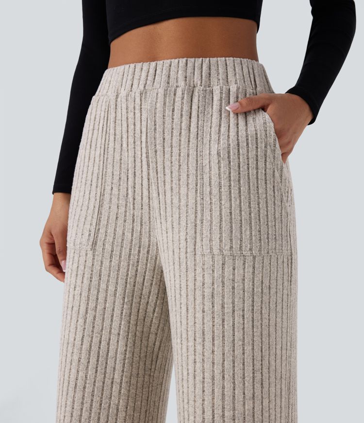 Pantalón pierna ancha múltiple bolsillo tiro alto acanalado