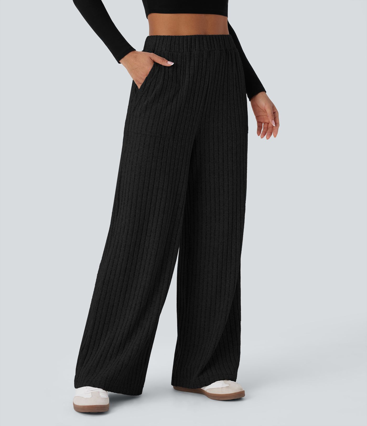 Ribbed Knit High Waisted Pockets Wide Leg Casual Pants