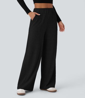 Ribbed Knit High Waisted Pockets Wide Leg Casual Pants