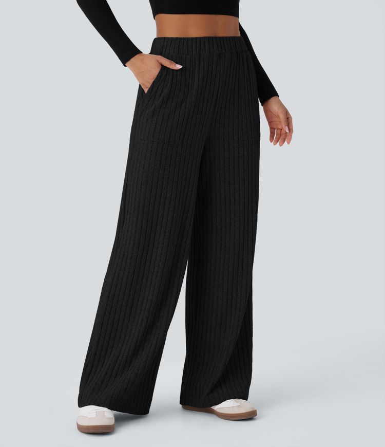 Ribbed Knit High Waisted Pockets Wide Leg Casual Pants
