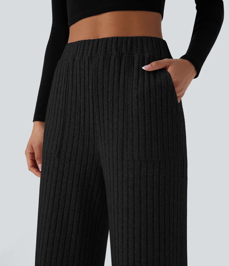 Ribbed Knit High Waisted Pockets Wide Leg Casual Pants