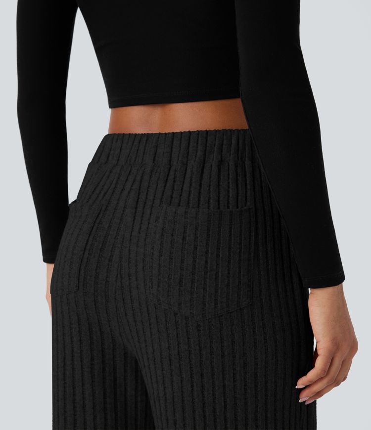 Ribbed Knit High Waisted Pockets Wide Leg Casual Pants