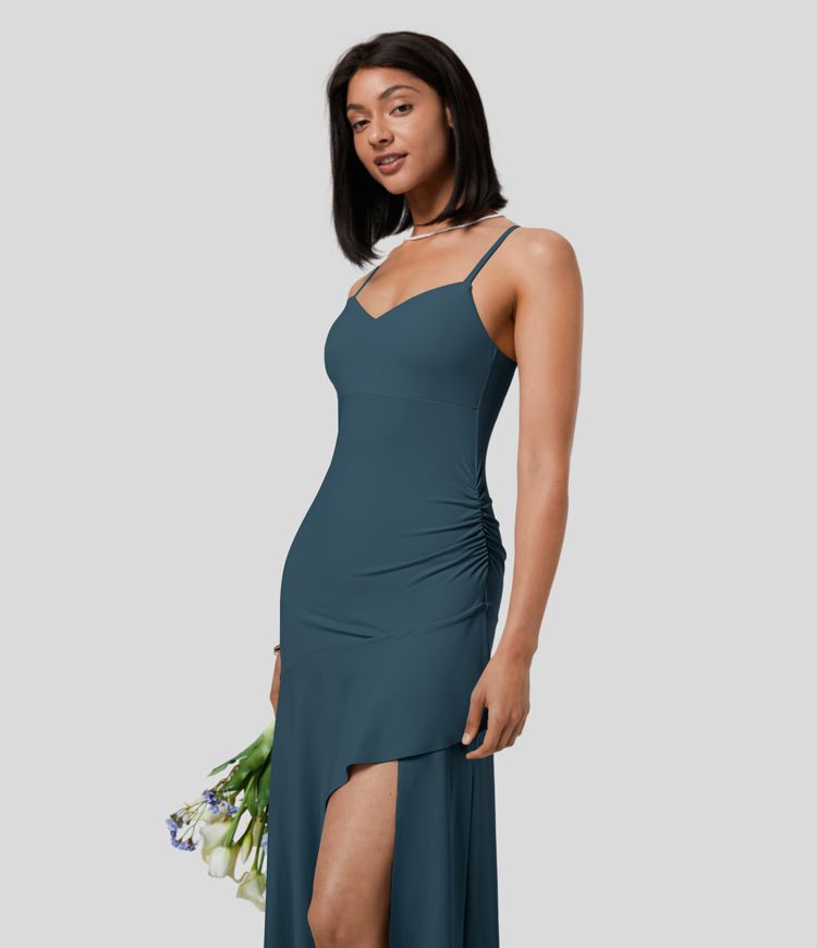 Robe Maxi Fluide Demoiselles d'Honneur et Invitée de Mariage avec Dos Nu Réglable Ruché et Fente
