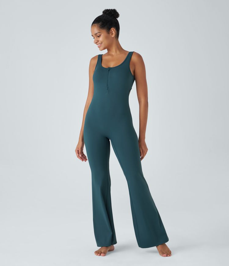 Softlyzero™ Airy backless, form-fitting yoga jumpsuit with U-neck, half zipper, ruffles, Cool Touch, and flared leg opening-UPF50+