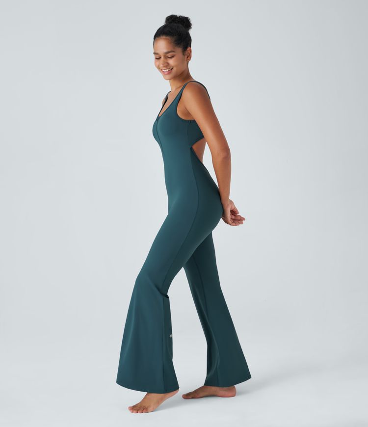Softlyzero™ Airy backless, form-fitting yoga jumpsuit with U-neck, half zipper, ruffles, Cool Touch, and flared leg opening-UPF50+