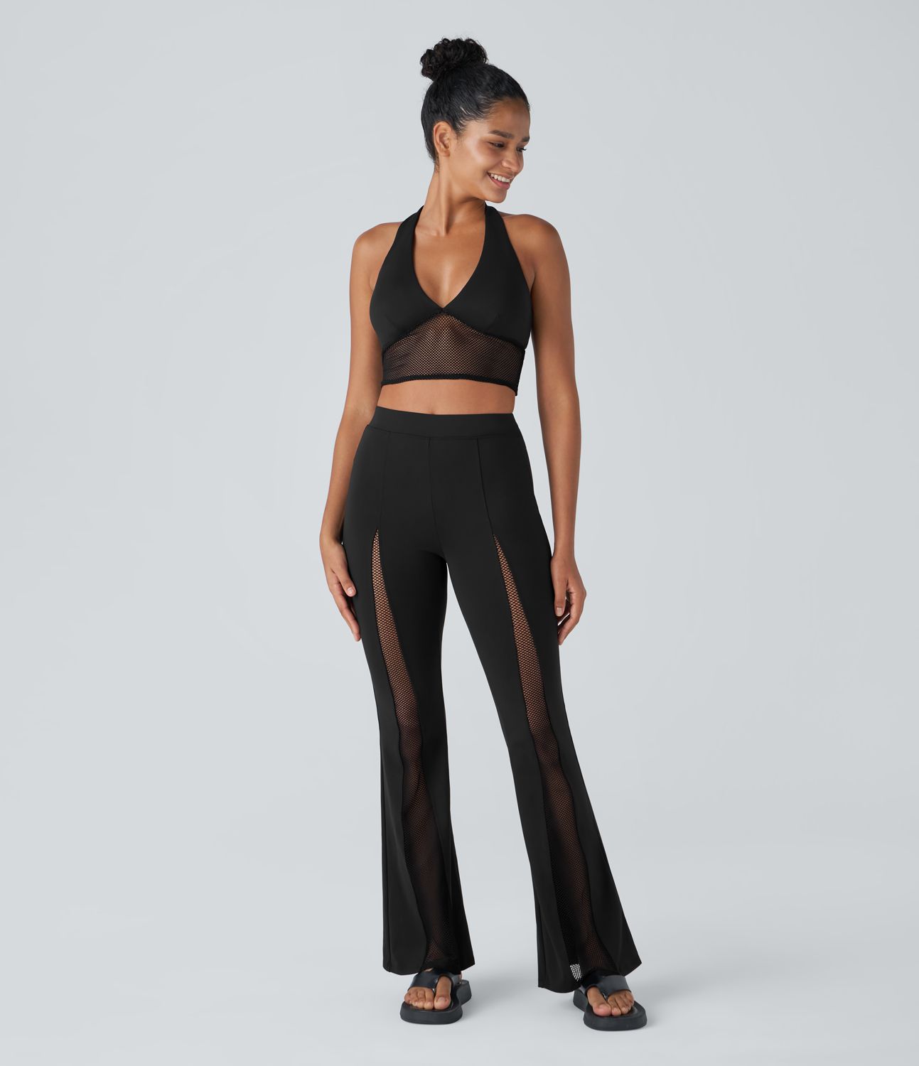 Softlyzero™ Plush High Waisted Contrast Mesh Casual Flared Leggings-UPF50+