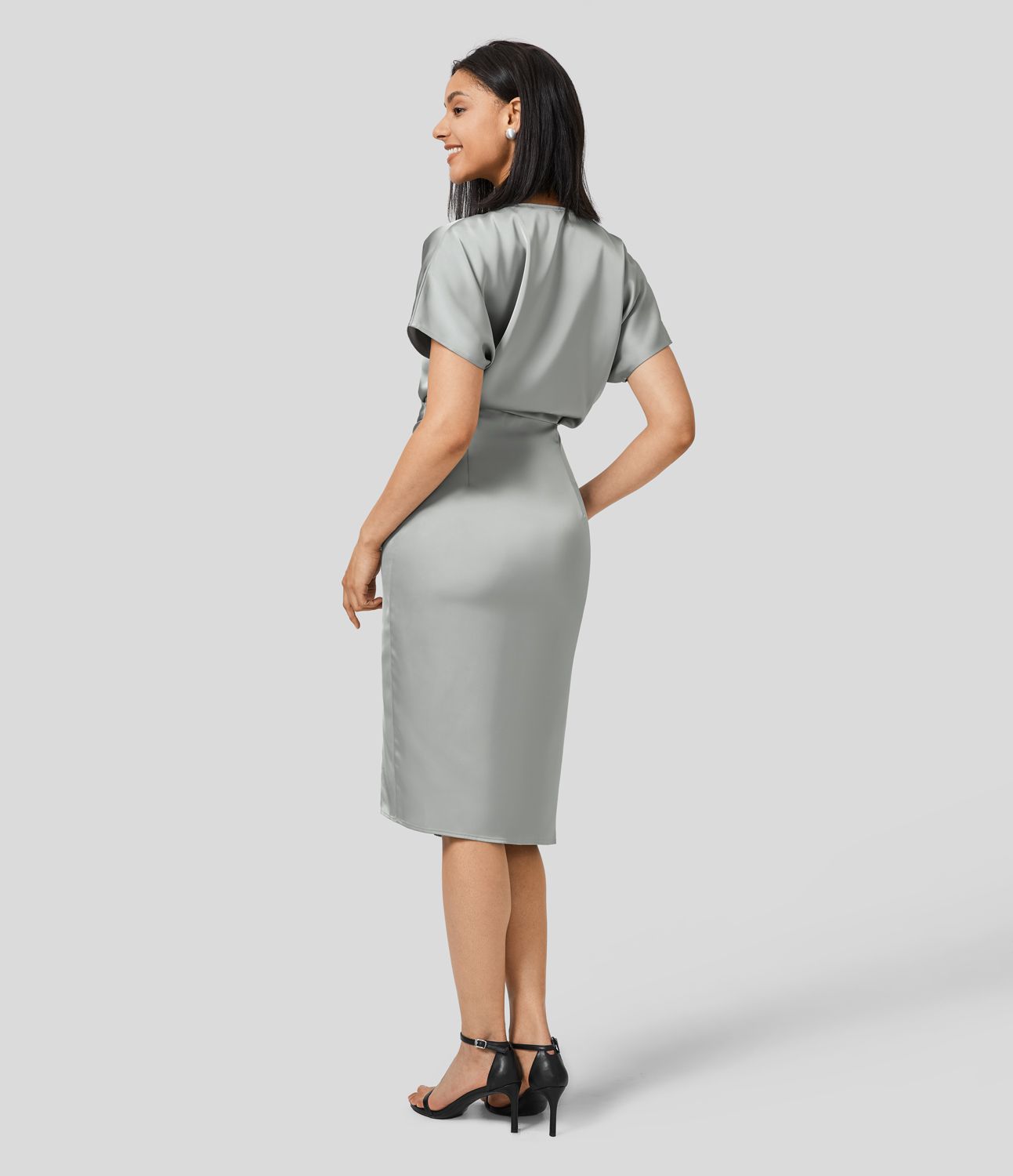V Neck Crossover Ruched Midi Satin-Like Casual Dress