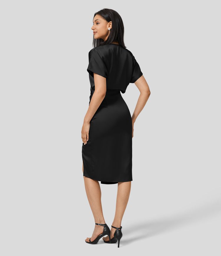 V Neck Crossover Ruched Midi Satin-Like Casual Dress