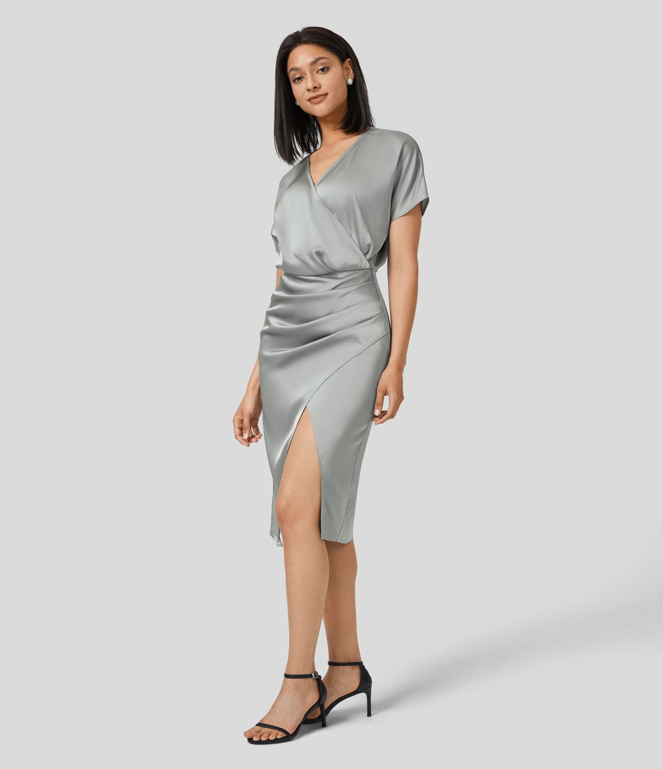 V Neck Crossover Ruched Midi Satin-Like Casual Dress