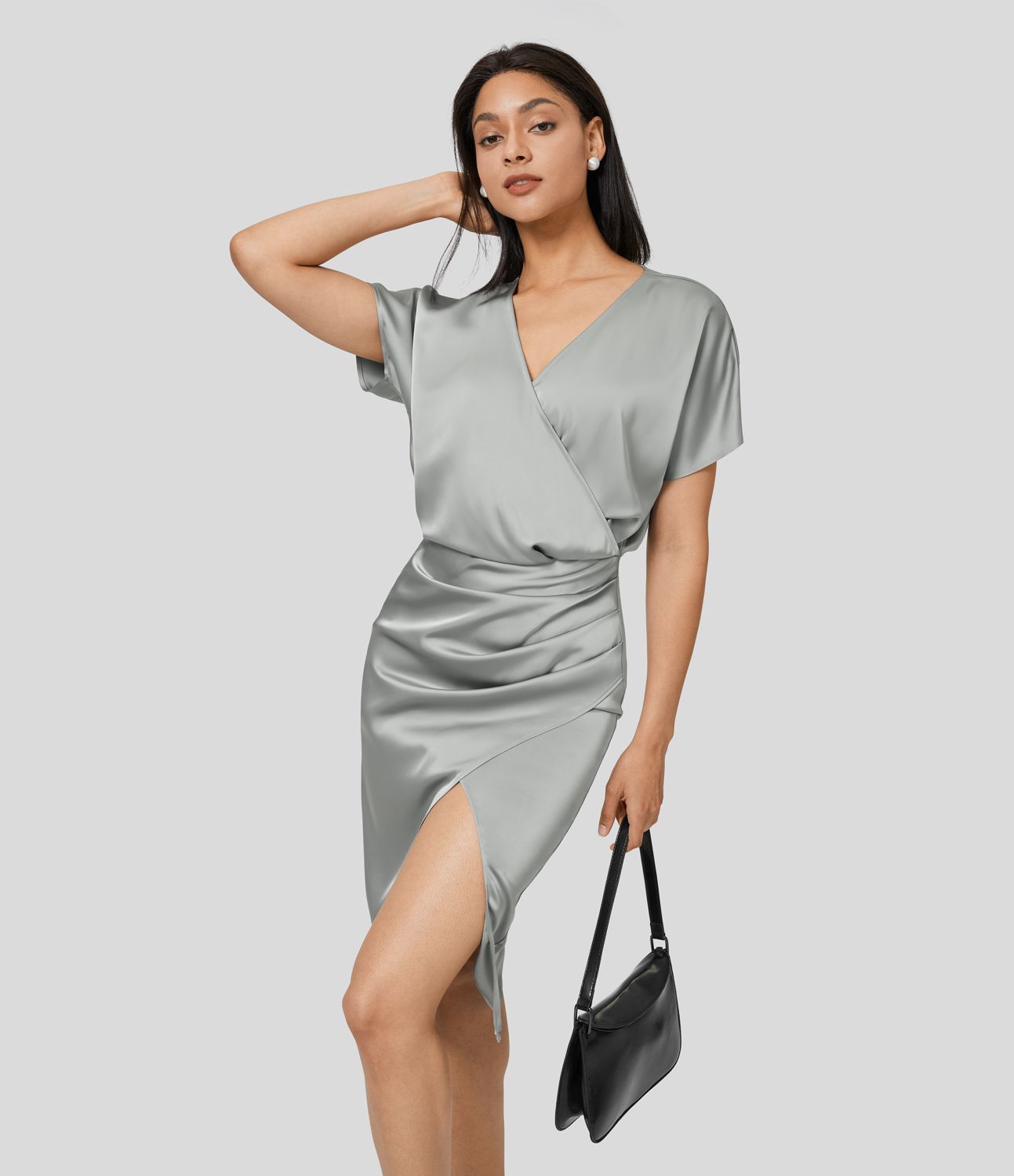 V Neck Crossover Ruched Midi Satin-Like Casual Dress