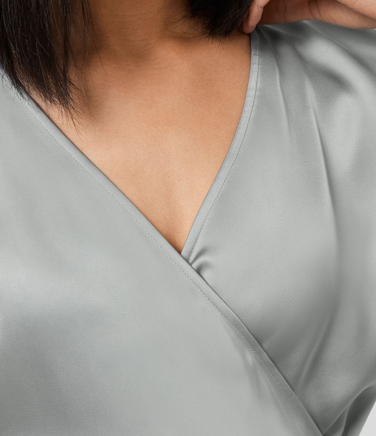 V Neck Crossover Ruched Midi Satin-Like Casual Dress