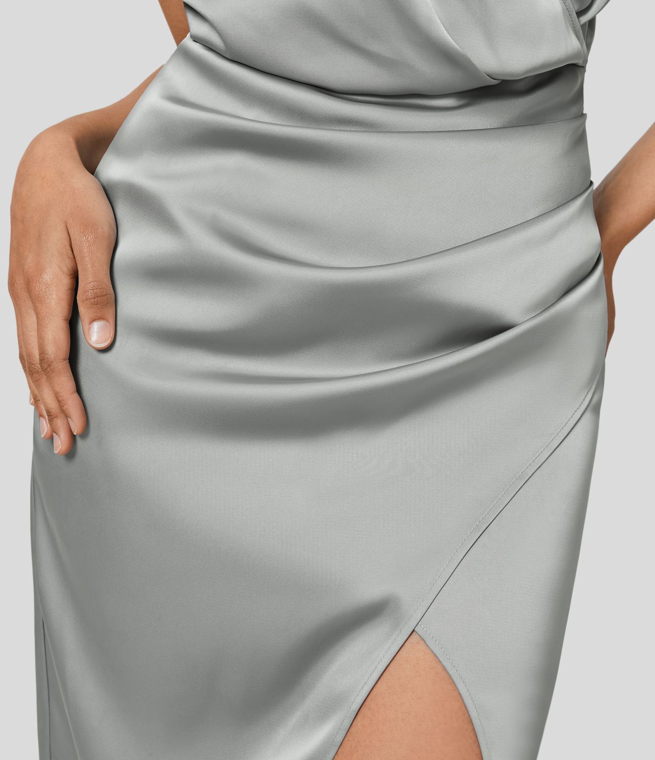 V Neck Crossover Ruched Midi Satin-Like Casual Dress