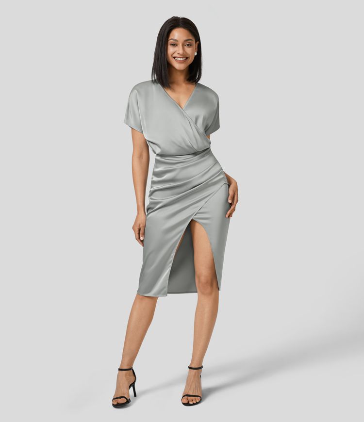 V Neck Crossover Ruched Midi Satin-Like Casual Dress
