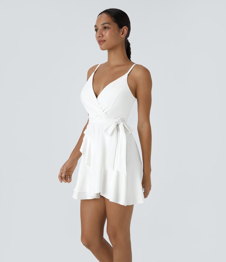 V Neck Backless Adjustable Strap Tie Side Ruffle 2-Piece Side Pocket Flowy Mini Casual Dress