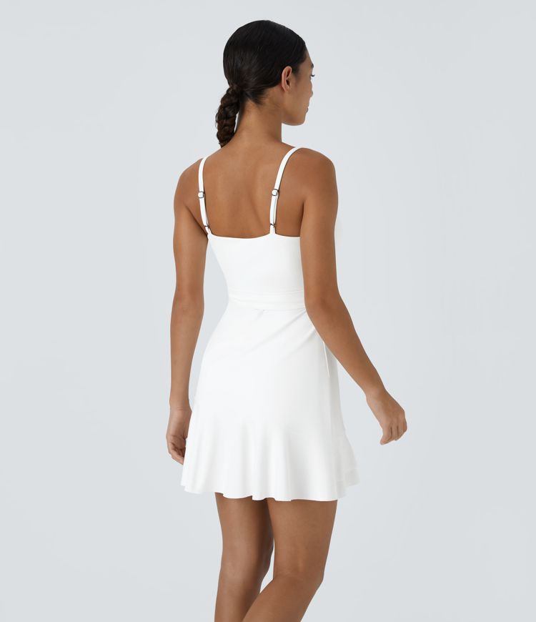 V Neck Backless Adjustable Strap Tie Side Ruffle 2-Piece Side Pocket Flowy Mini Casual Dress