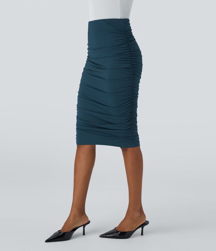 High Waisted Ruched Midi Bodycon Casual Skirt