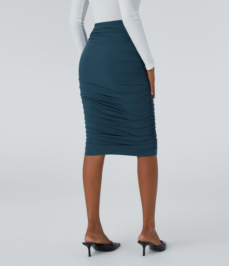 High Waisted Ruched Midi Bodycon Casual Skirt
