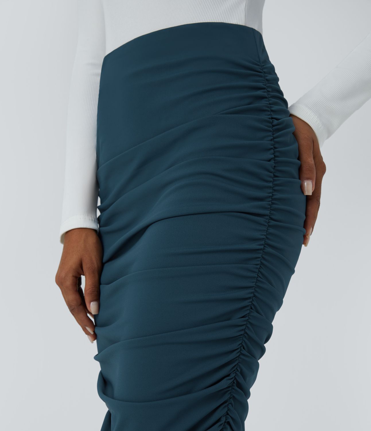 High Waisted Ruched Midi Bodycon Casual Skirt