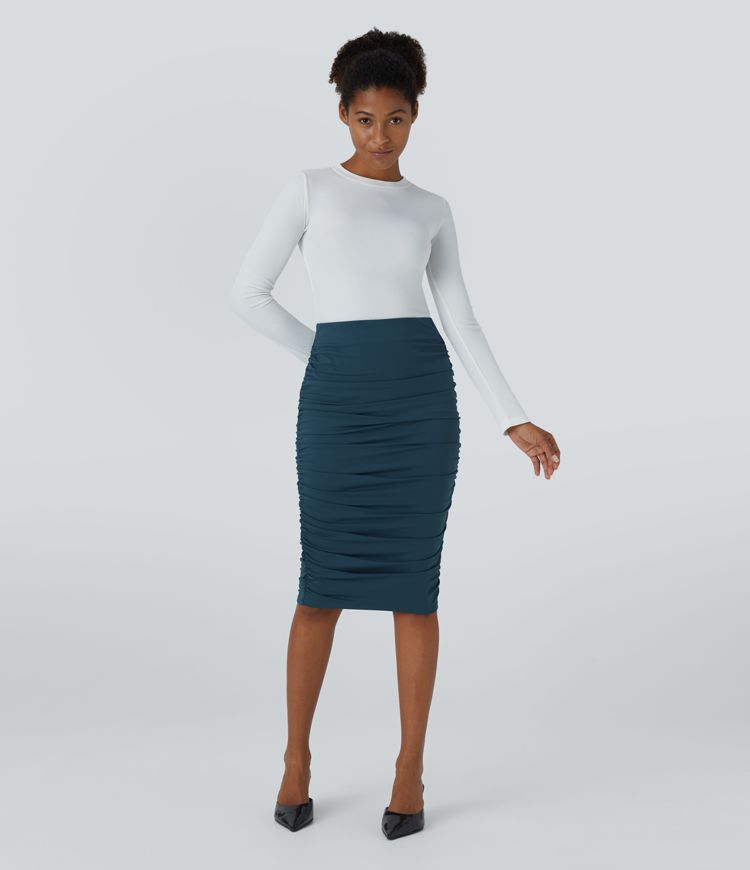 High Waisted Ruched Midi Bodycon Casual Skirt