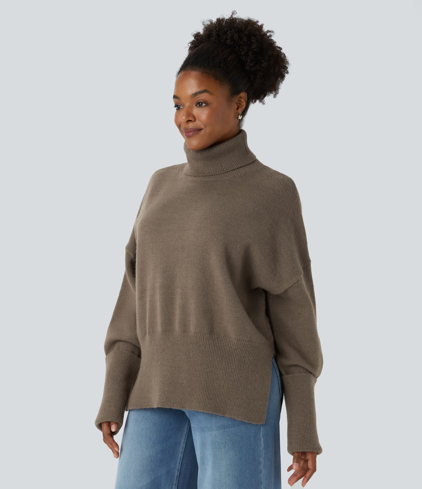 High Neck Drop Shoulder Long Sleeve Split Casual Sweater