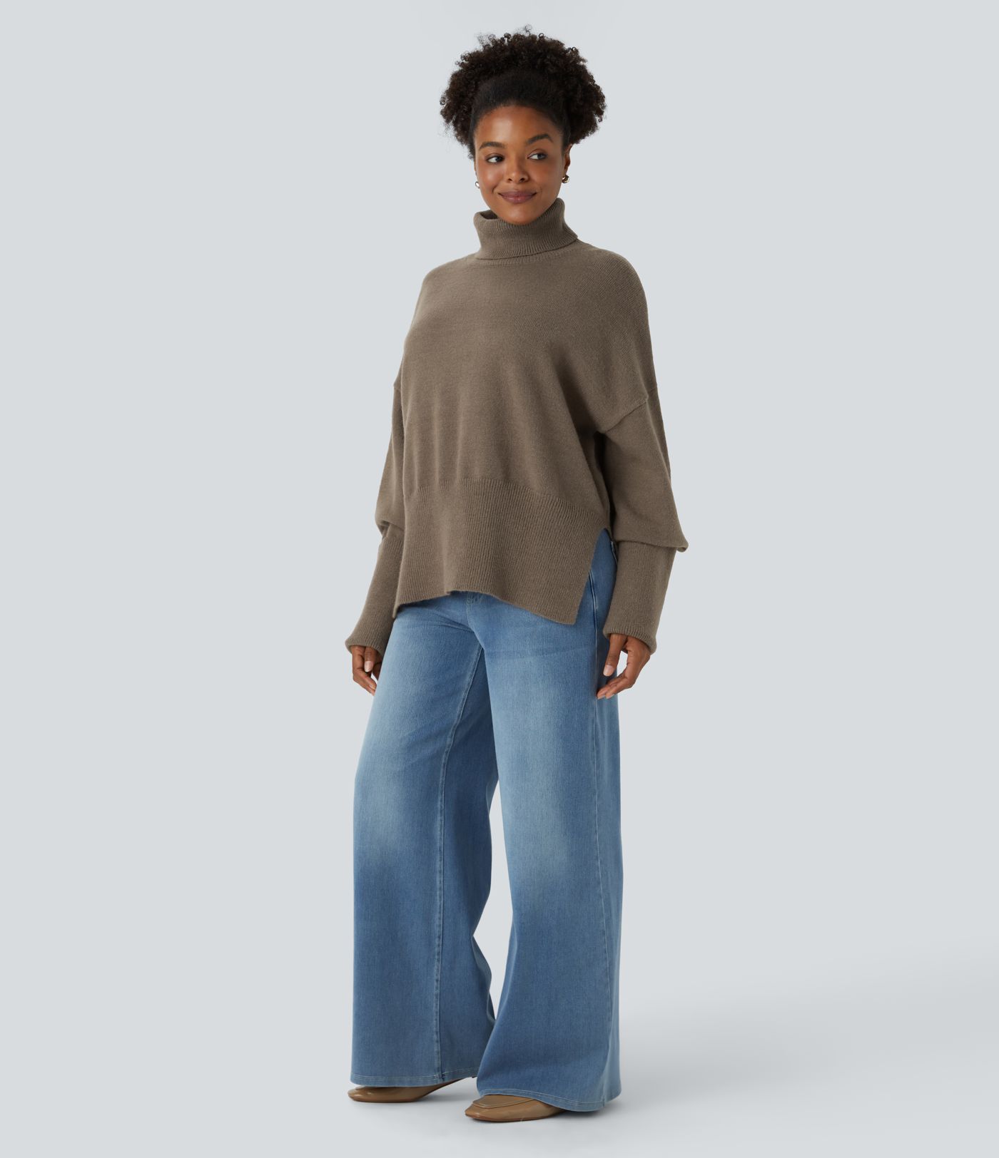 High Neck Drop Shoulder Long Sleeve Split Casual Sweater