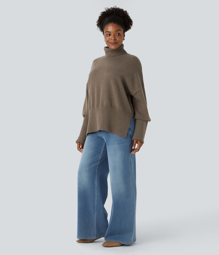 High Neck Drop Shoulder Long Sleeve Split Casual Sweater