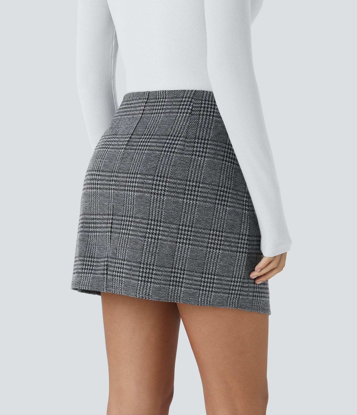High Waisted 2-in-1 Pocket Houndstooth Plaid Mini Casual Skirt