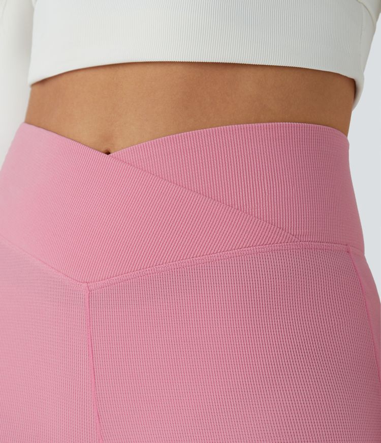 Crossover High Waisted Back Pocket Waffle Casual Flare Pants